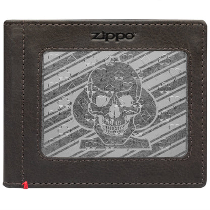 Zippo Mocha Leather Wallet- Spade Skull Metal Plate Design