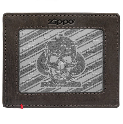 Zippo Mocha Leather Wallet- Spade Skull Metal Plate Design