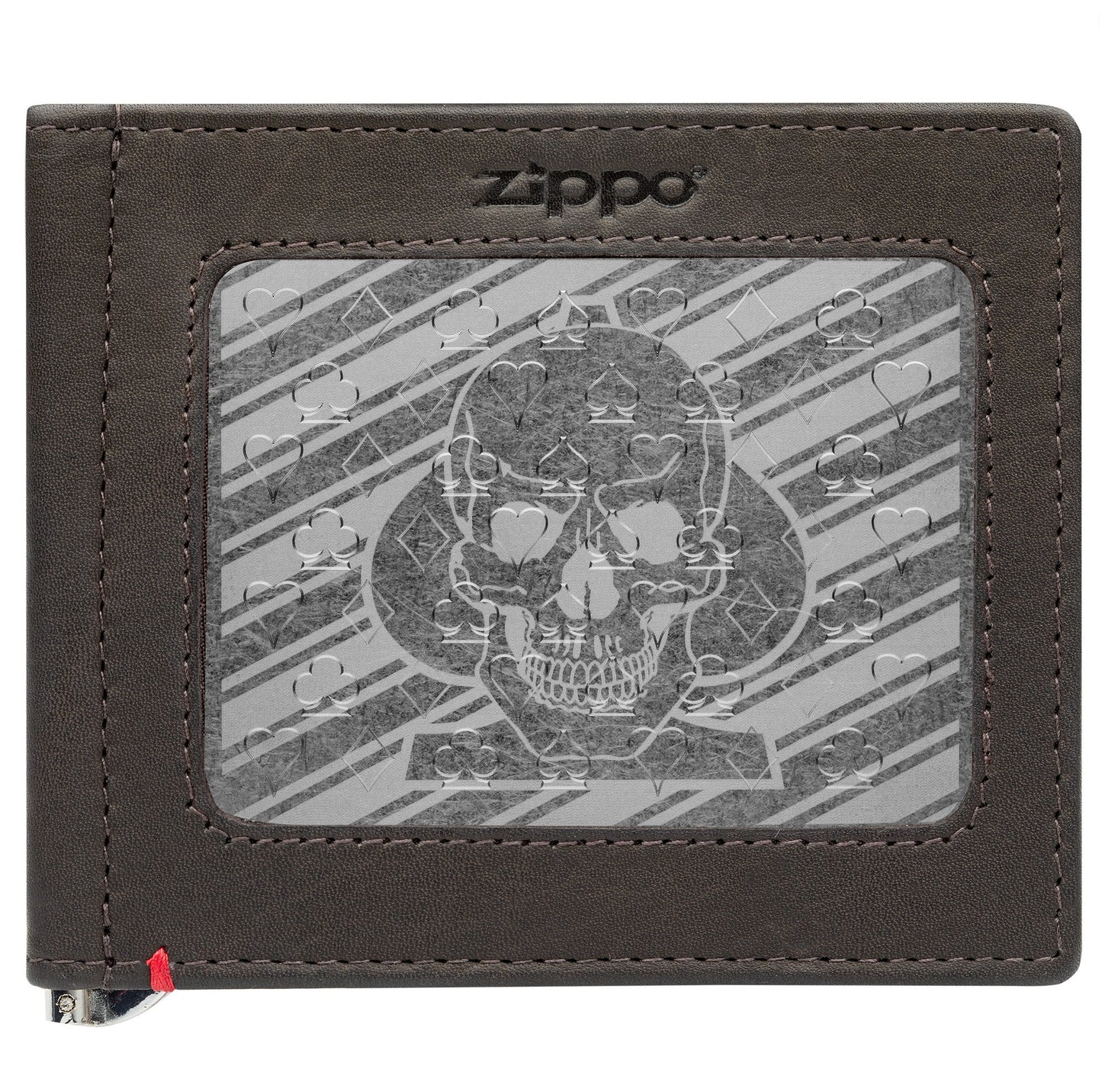 Zippo Mocha Leather Wallet- Spade Skull Metal Plate Design