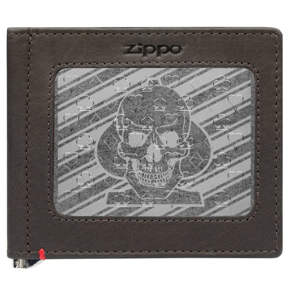 Zippo Mocha Leather Wallet- Spade Skull Metal Plate Design