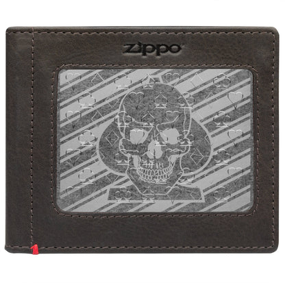 Zippo Mocha Leather Wallet- Spade Skull Metal Plate Design