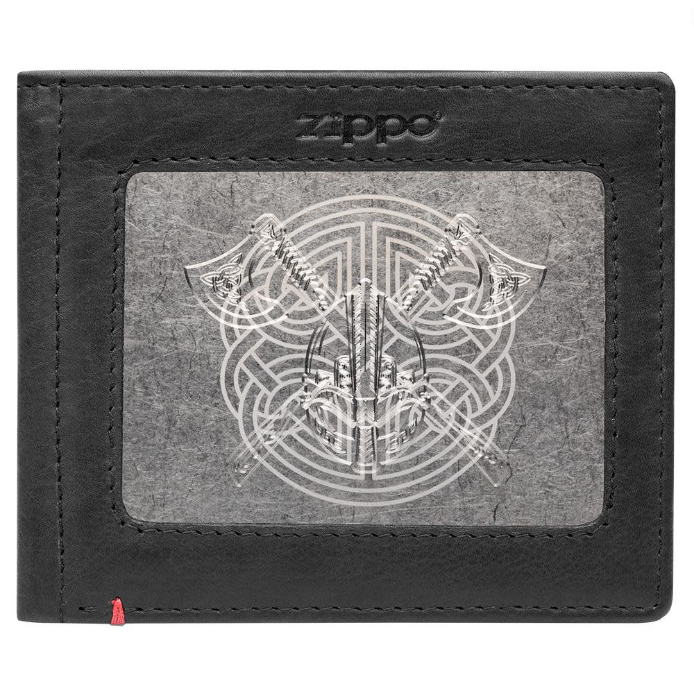 Zippo Black Leather Wallet- Viking Metal Plate Design