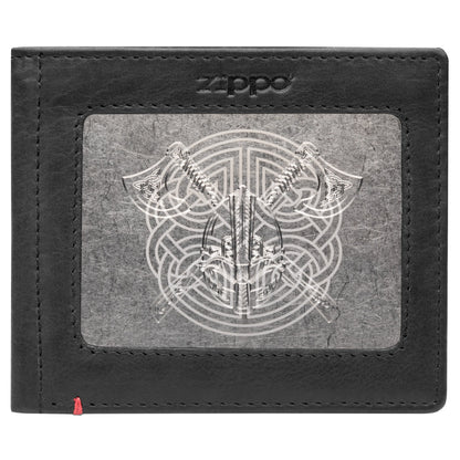 Zippo Black Leather Wallet- Viking Metal Plate Design