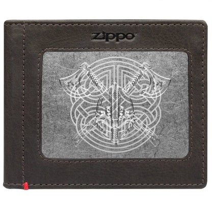 Zippo Mocha Leather Wallet- Viking Metal Plate Design