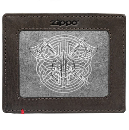Zippo Mocha Leather Wallet- Viking Metal Plate Design