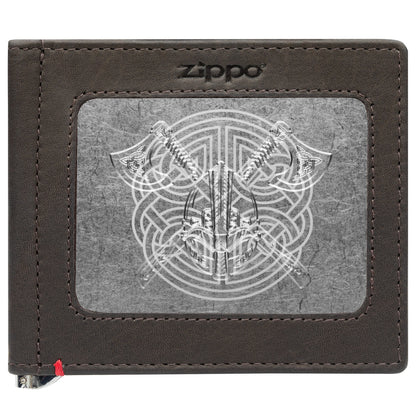 Zippo Mocha Leather Wallet- Viking Metal Plate Design