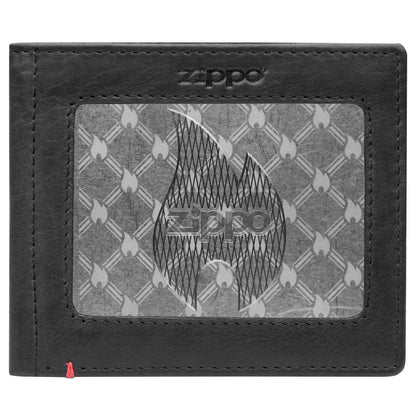 Zippo Black Leather Wallet- Flame Metal Plate Design