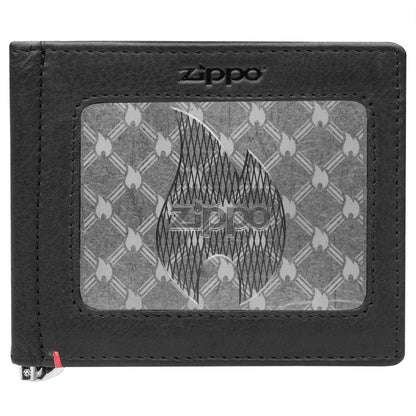 Zippo Black Leather Wallet- Flame Metal Plate Design