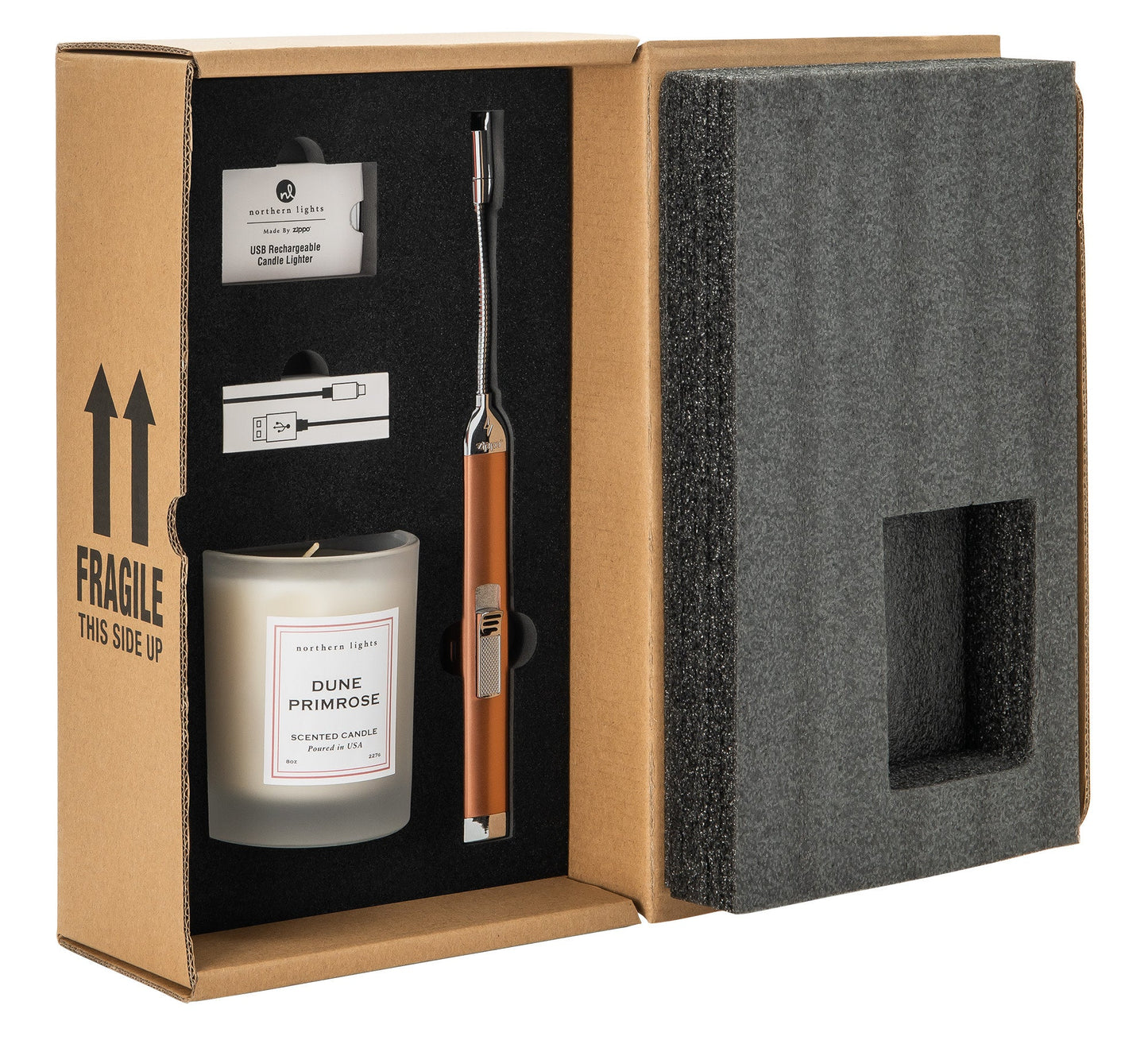 Zippo Rose Gold Rechargeable Candle Lighter & 8 oz Dune Primrose Candle Gift