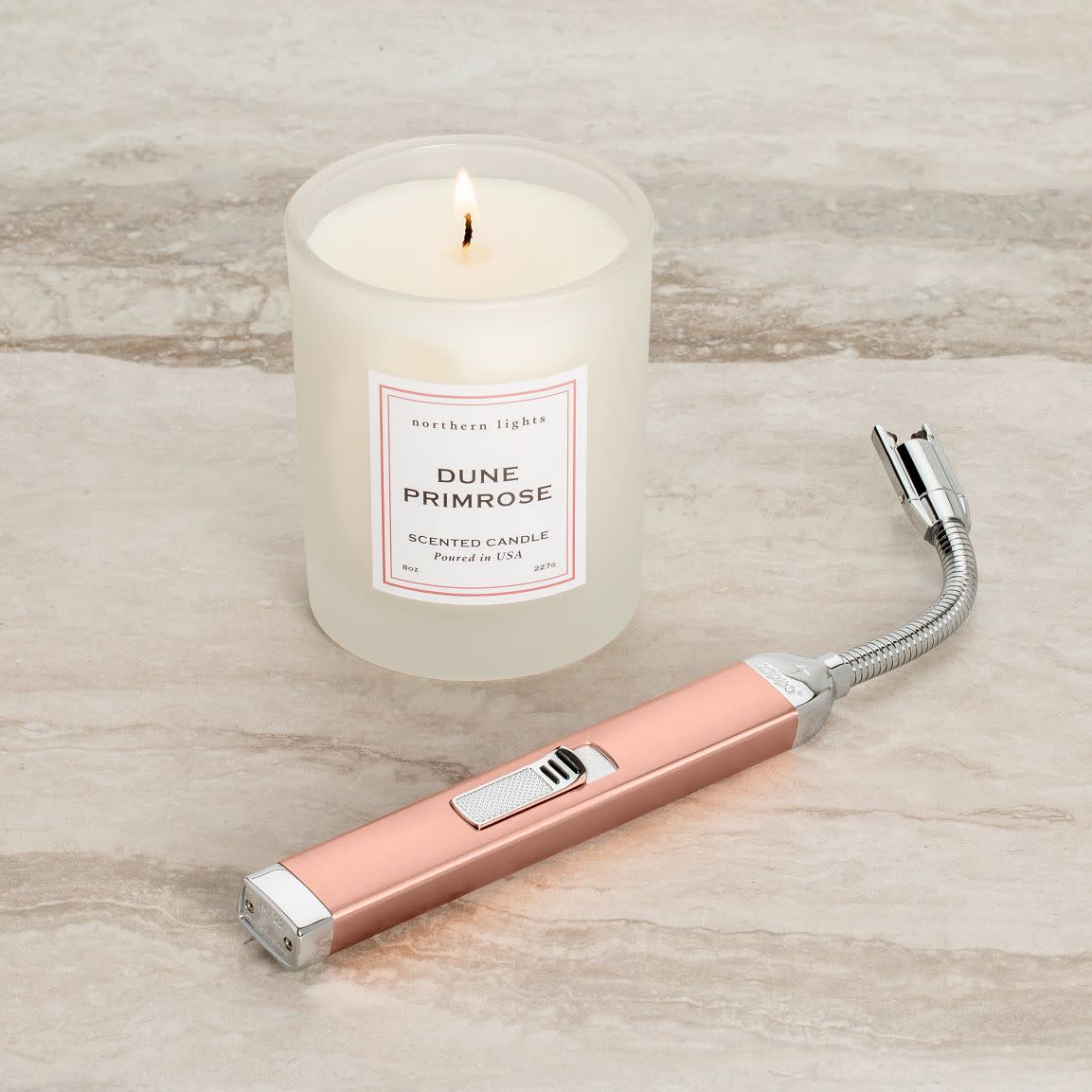Zippo Rose Gold Rechargeable Candle Lighter & 8 oz Dune Primrose Candle Gift