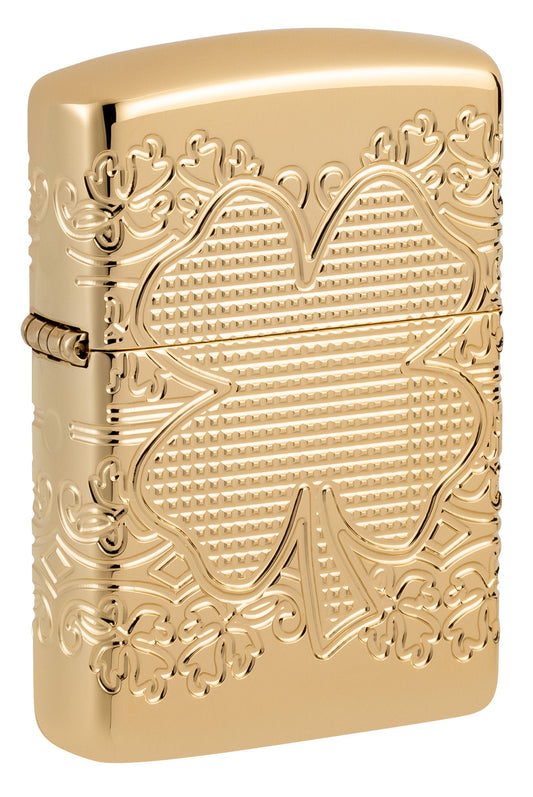 Zippo Lucky Clover Design Armor® High Polish Gold Plate Windproof Lighter