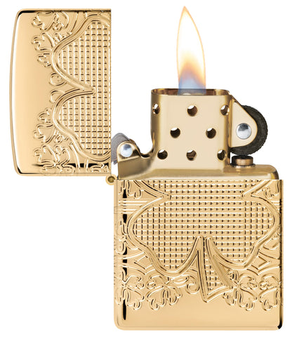 Zippo Lucky Clover Design Armor® High Polish Gold Plate Windproof Lighter