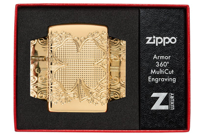 Zippo Lucky Clover Design Armor® High Polish Gold Plate Windproof Lighter