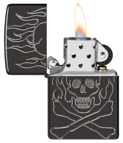 Zippo Flaming Skull Design Armor® High Polish Black Windproof Lighter