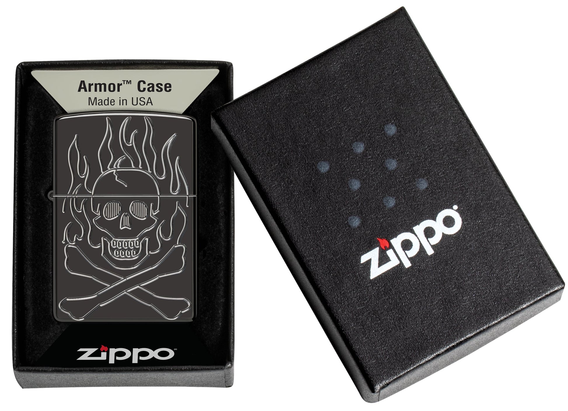 Zippo Flaming Skull Design Armor® High Polish Black Windproof Lighter