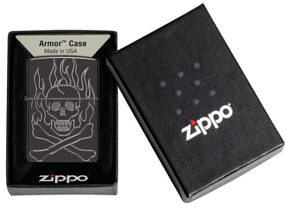 Zippo Flaming Skull Design Armor® High Polish Black Windproof Lighter