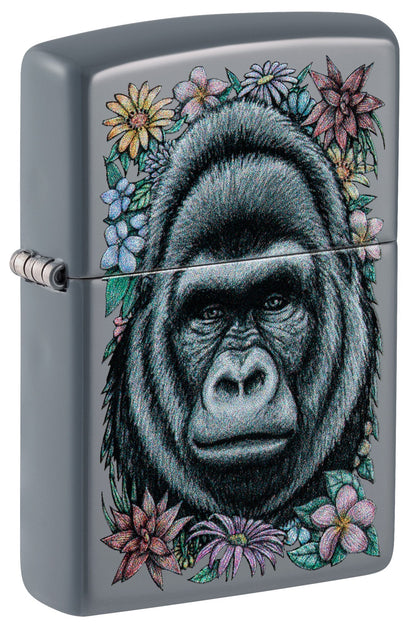 Zippo Floral Gorilla Design Flat Grey Windproof Lighter