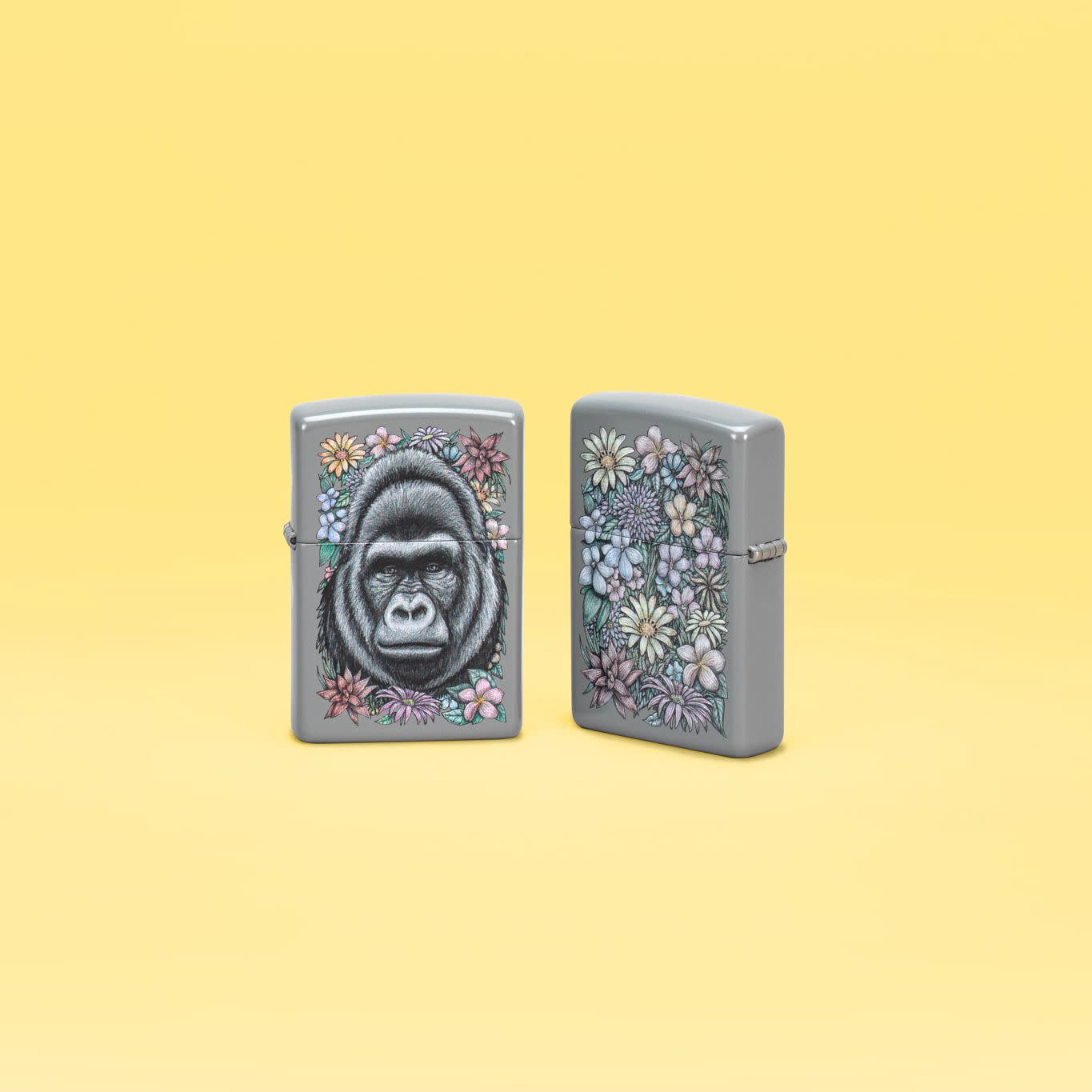 Zippo Floral Gorilla Design Flat Grey Windproof Lighter