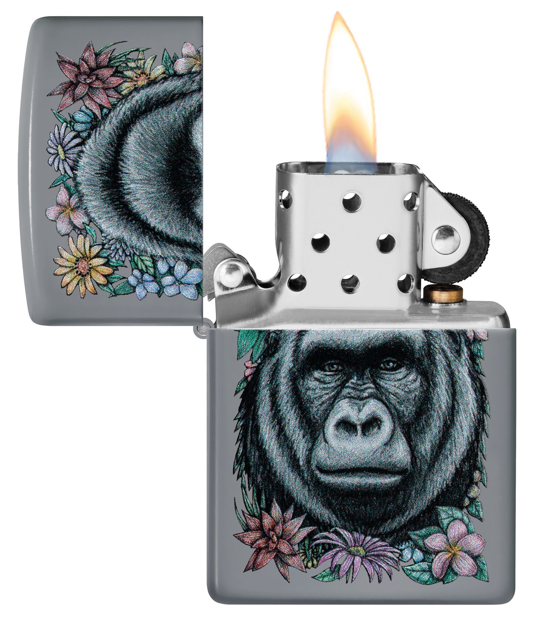 Zippo Floral Gorilla Design Flat Grey Windproof Lighter