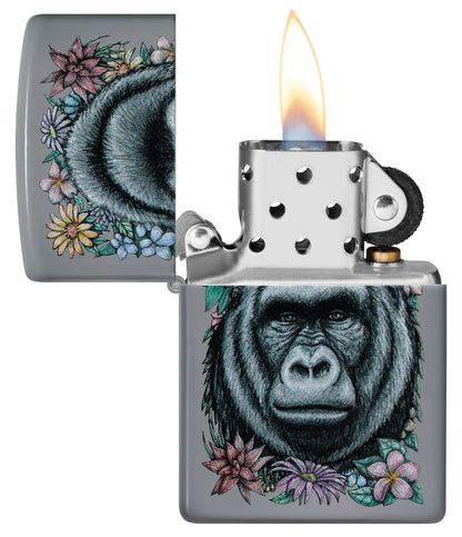 Zippo Floral Gorilla Design Flat Grey Windproof Lighter