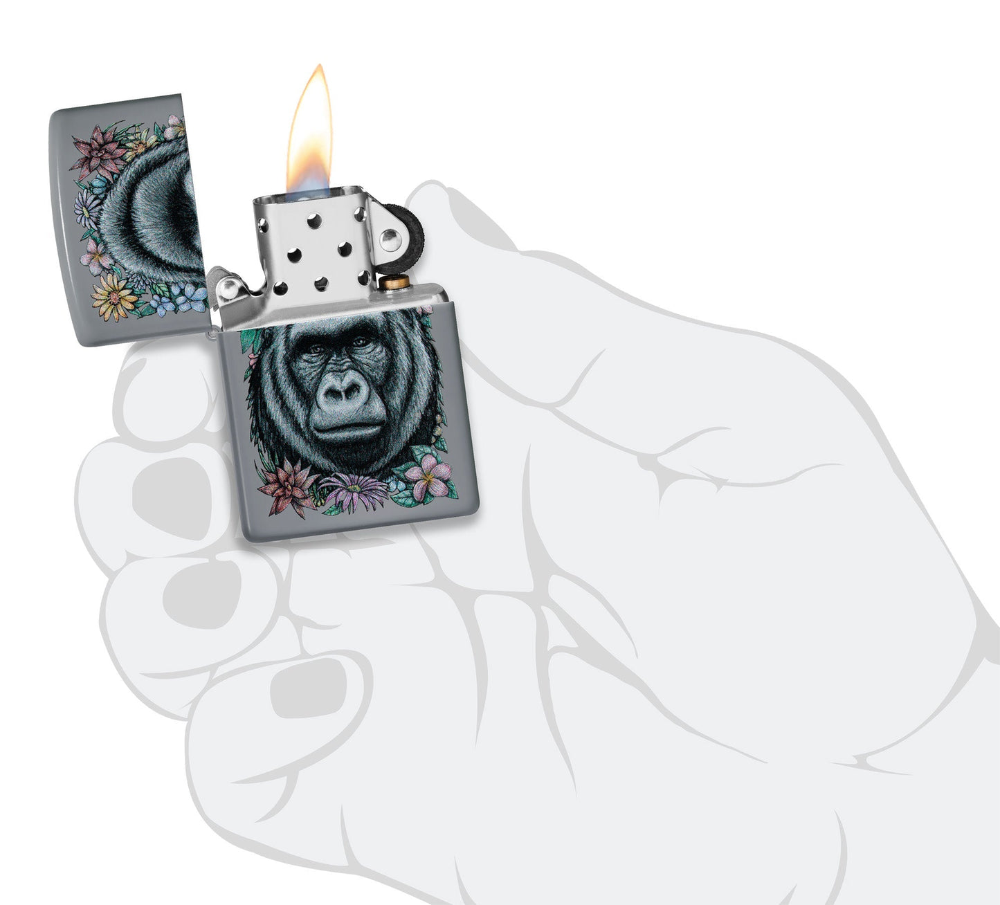 Zippo Floral Gorilla Design Flat Grey Windproof Lighter