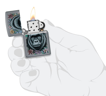 Zippo Floral Gorilla Design Flat Grey Windproof Lighter