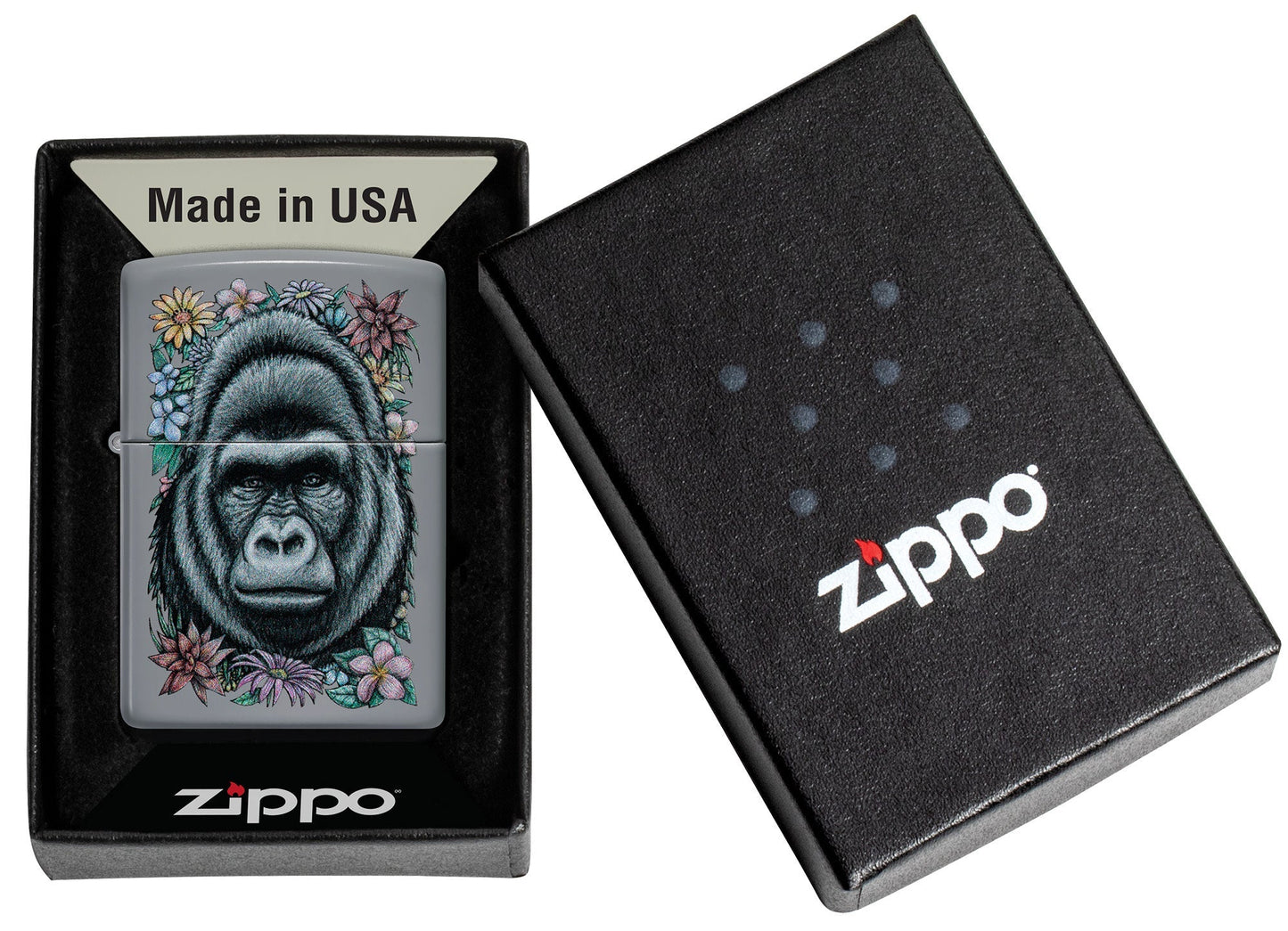 Zippo Floral Gorilla Design Flat Grey Windproof Lighter