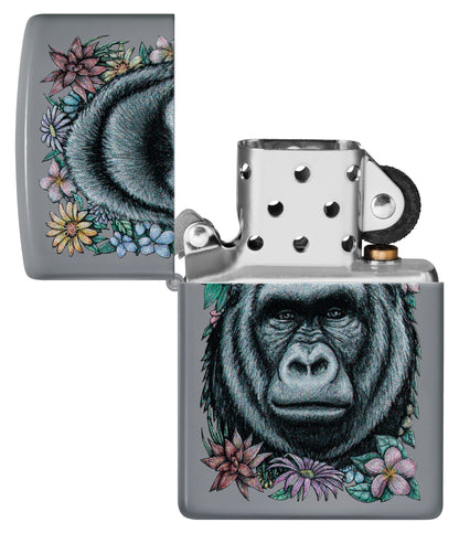 Zippo Floral Gorilla Design Flat Grey Windproof Lighter