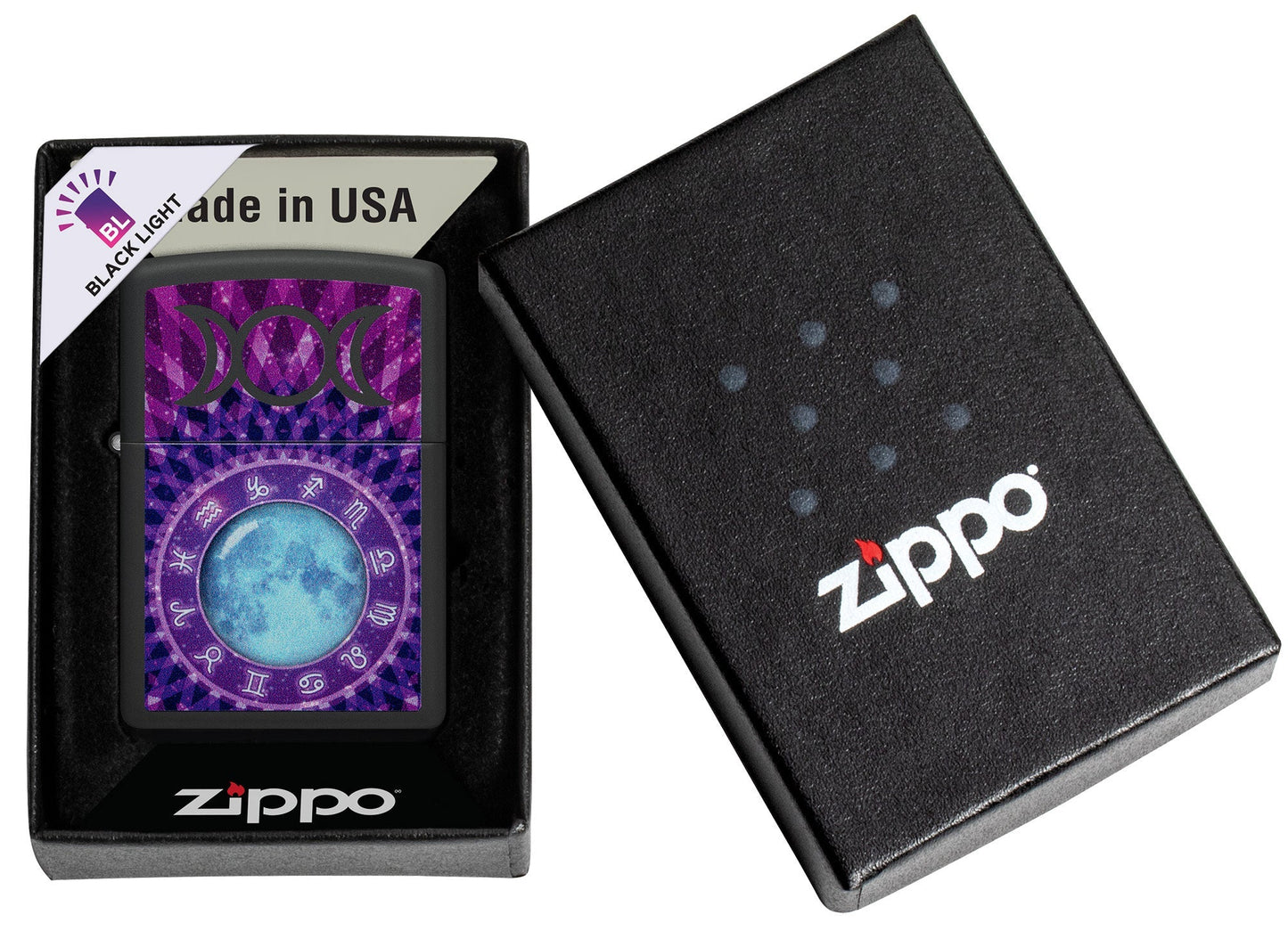 Zippo Glowing Zodiac Design Black Light Black Matte Windproof Lighter