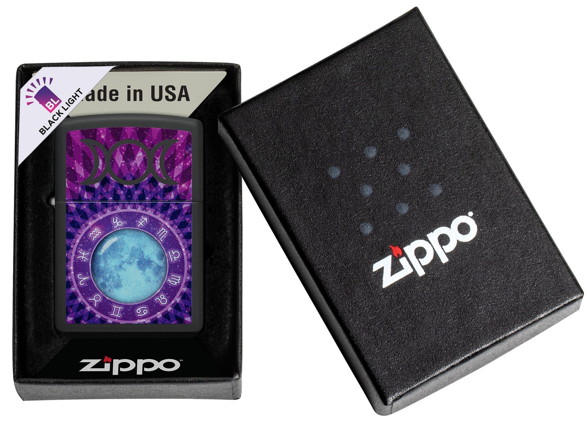 Zippo Glowing Zodiac Design Black Light Black Matte Windproof Lighter