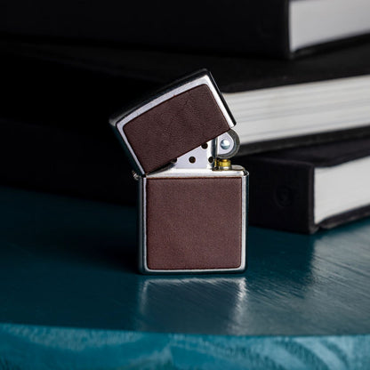 Zippo Brown Leather Emblem Street Chrome Windproof Lighter