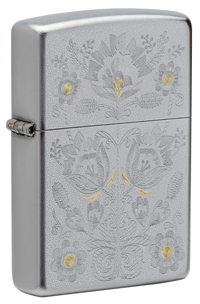 Zippo Painted Floral Satin Chrome Windproof Lighter