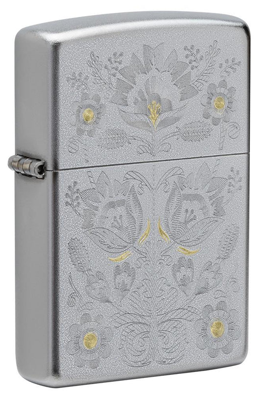 Zippo Painted Floral Satin Chrome Windproof Lighter