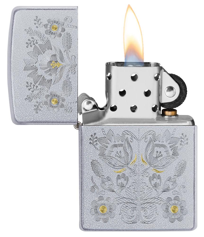 Zippo Painted Floral Satin Chrome Windproof Lighter