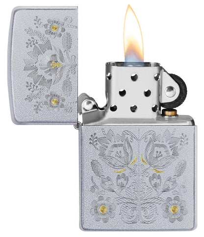 Zippo Painted Floral Satin Chrome Windproof Lighter