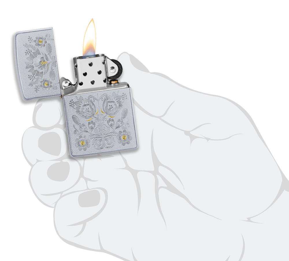 Zippo Painted Floral Satin Chrome Windproof Lighter
