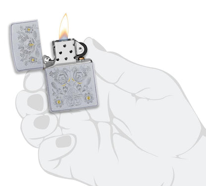 Zippo Painted Floral Satin Chrome Windproof Lighter