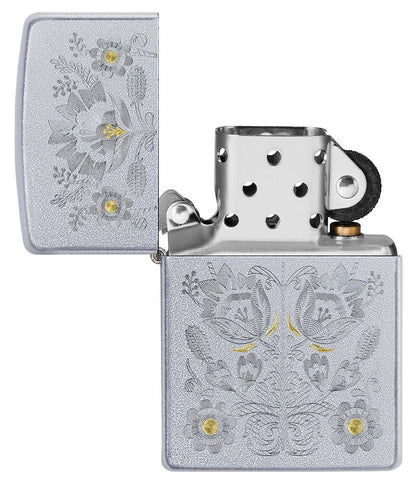 Zippo Painted Floral Satin Chrome Windproof Lighter