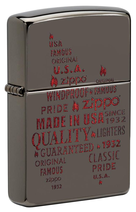 Zippo Typographic Flame Art Black Ice Windproof Lighter