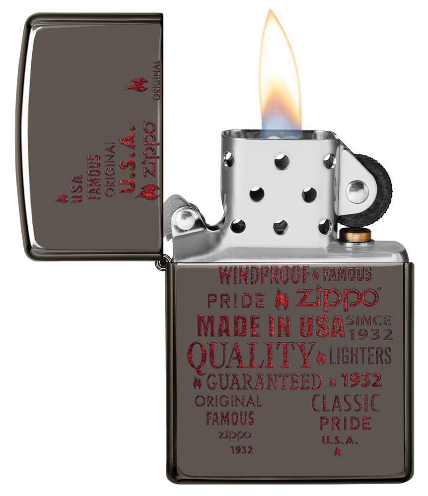 Zippo Typographic Flame Art Black Ice Windproof Lighter