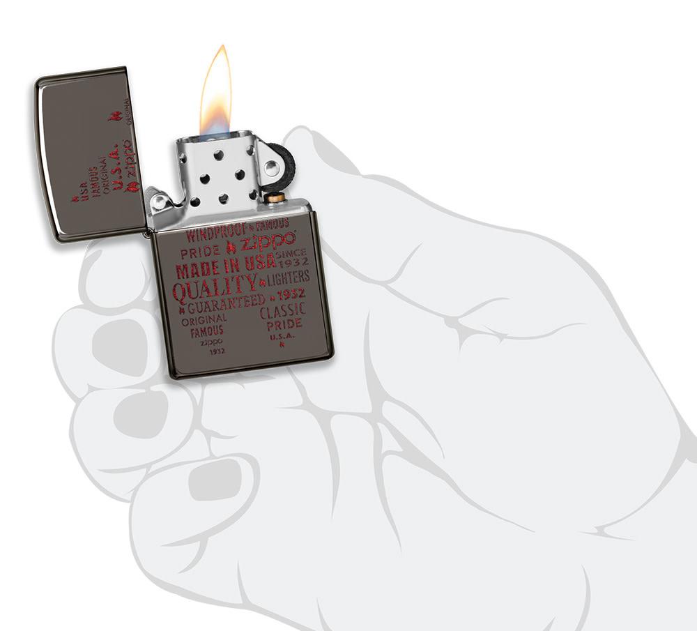 Zippo Typographic Flame Art Black Ice Windproof Lighter